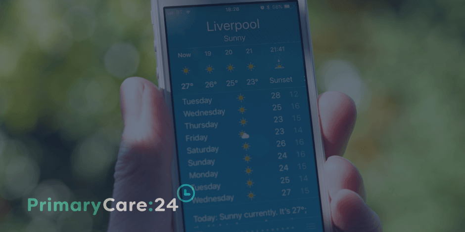 PC24 Blog (2) Weather app on phone displaying heatwave across Liverpool