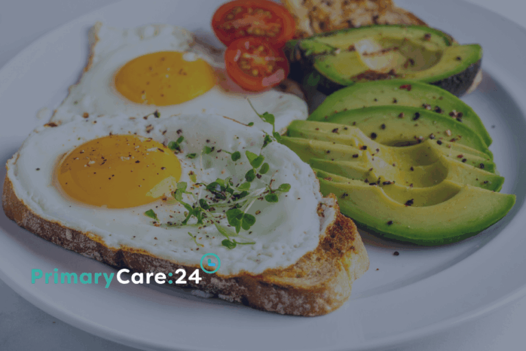 A healthy breakfast idea featuring eggs, avocado and sourdough.