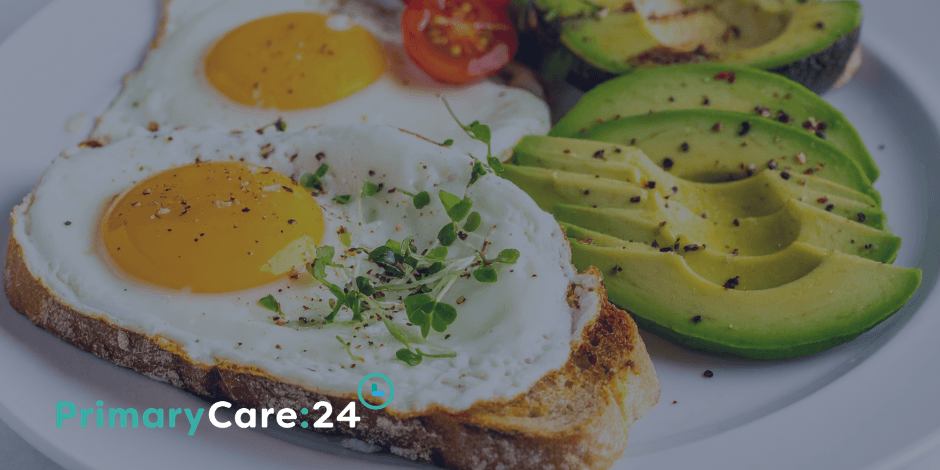 A healthy breakfast idea featuring eggs, avocado and sourdough.